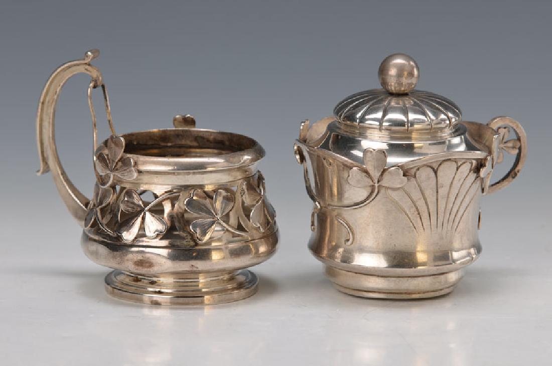 Tea glass mounting/tea strainer: Tea glass mounting and tea strainer with cover, France, Art Nouveau, around 1900, 950 silver, Master brand mark, Alphonse Debain, shamrock décor, without glass insert, total approx. 320g, mounting ap