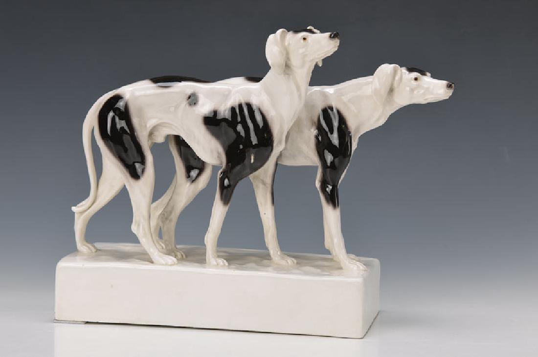 large greyhound group: large greyhound group, Goldscheider, Vienna, around 1920, two Barsoi-dogs on rectangular pedestal standing, design Adolphe-Jean Lavergne, around 1905/06, Model no. 3416, approx.26x35 cm, pedestal sign
