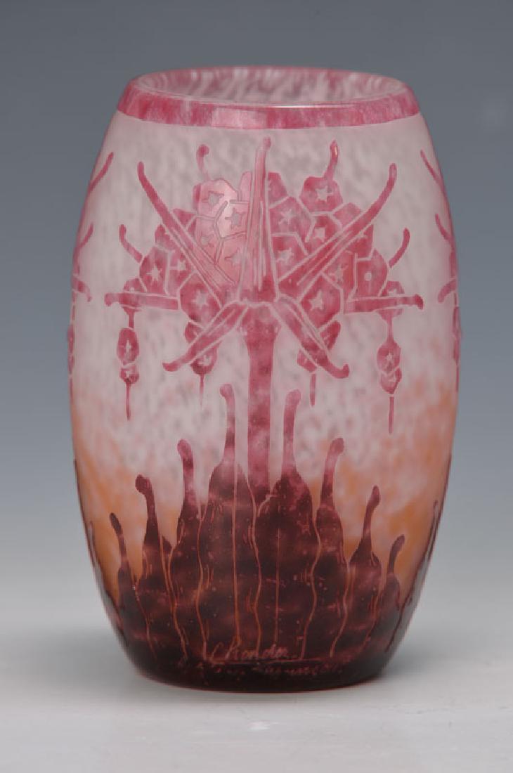 vase, France: vase, France, sign. Charder, Les Verre Francais, around 1900, colorless glass, between the layers opaque-white and light- orange powdered, purple colored external layer, cut, polished and etched, abst