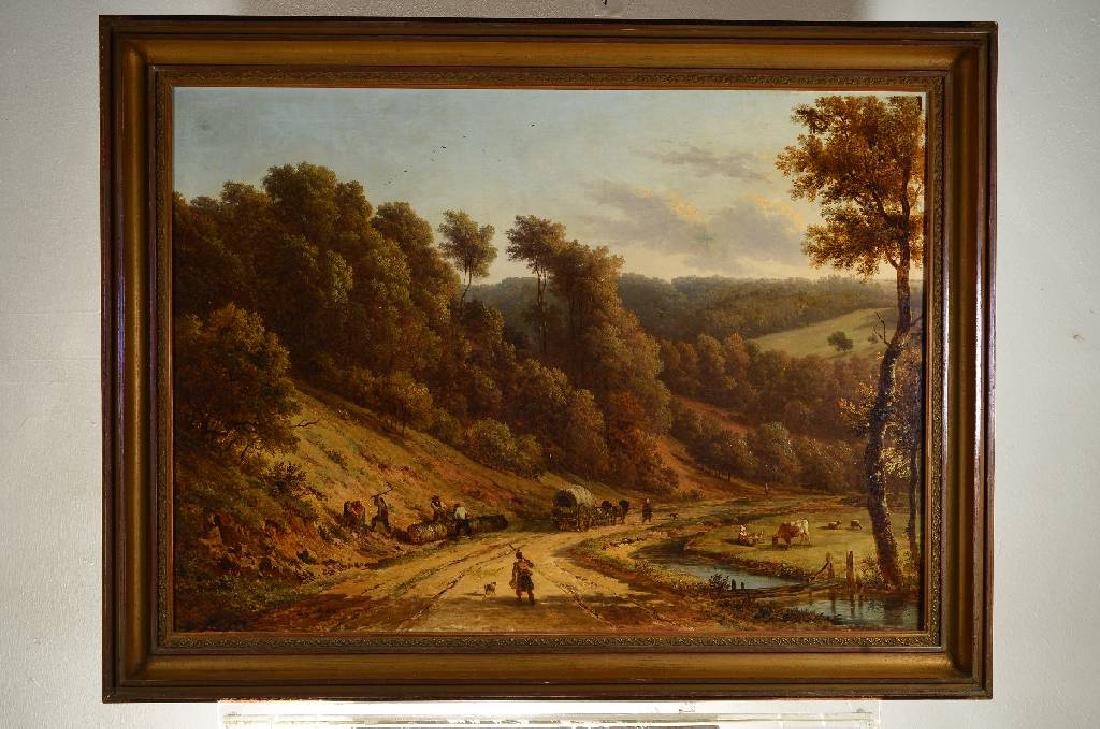 Victor de Grailly: Victor de Grailly, 1804 Paris- 1889, French illustrator and painter, student of the landscape painter Jean-Victor Bertin, here French river landscape with woodworkers, soldier with dog and wagon, port