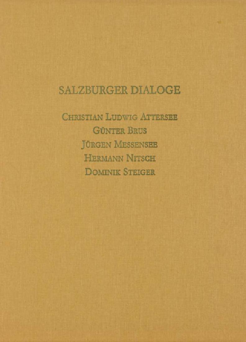 Salzburger Dialoge, wallet with 5 color etchings by: Salzburger Dialoge, wallet with 5 color etchings by Christian Ludwig Attersee, Günter Brus, Jürgen Messensee, Hermann Nitsch, Dominik Steiger, each one is signed by hand, numbered 13/35, ed. gallery