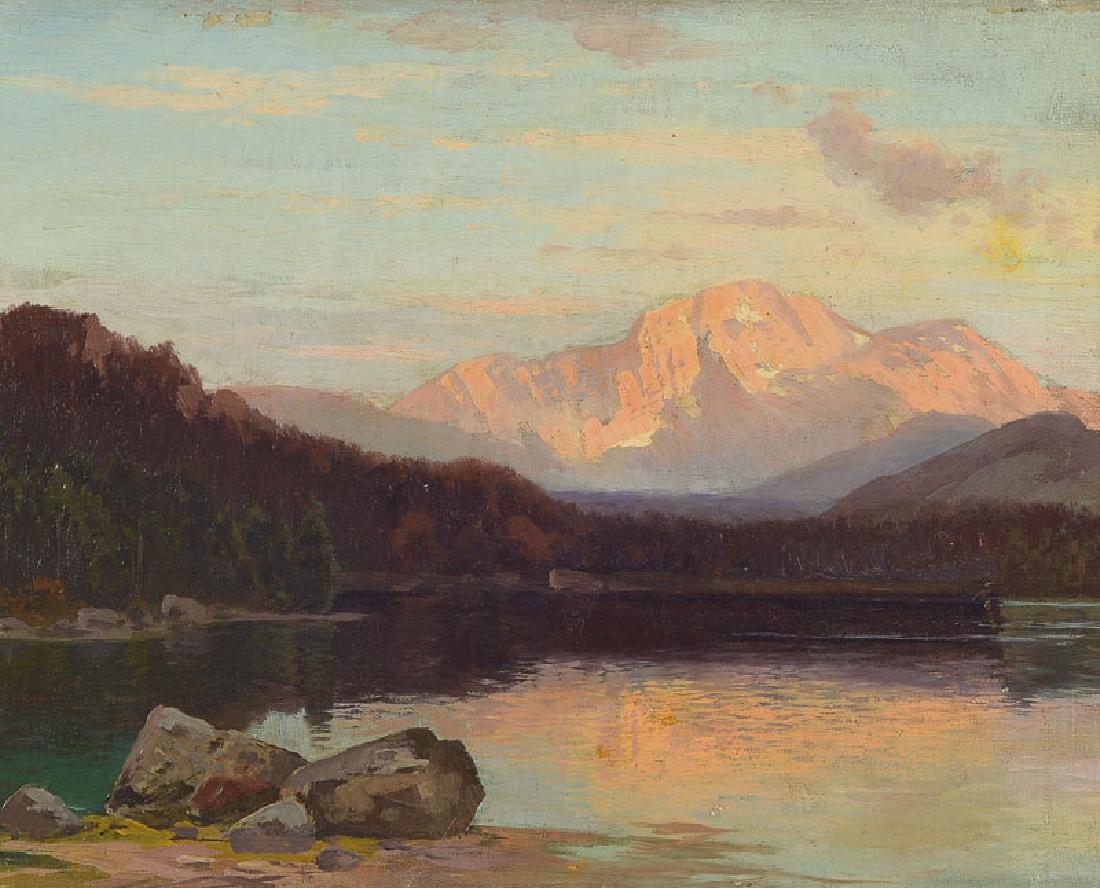 Unidentified artist: Unidentified artist of the 19th century, probably successor to Carl Rottmann, afterglowover a mountain lake in front of rock massif, oil / canvas, unsigned, approx. 25x35cm, frame