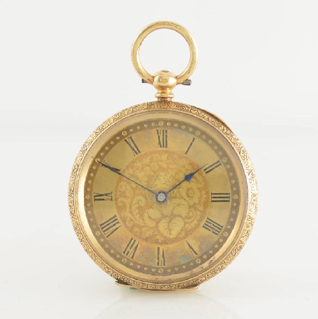 DF & Co 14k pink gold open face pocket watch: DF & Co 14k pink gold open face pocket watch, Switzerland around 1880, key winding, full engraved case with on the rear side hunter cover, gold plated cuvette with dedication-engraving, gilded in cent