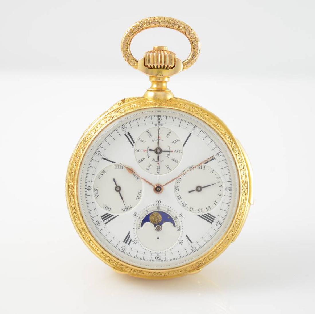 LOUIS AUDEMARS attributed unusual enamel pocket watch: LOUIS AUDEMARS attributed unusual enamel- pocket watch with perpetual calendar, minute- repetition and chronograph in 18k yellow gold,Switzerland around 1880, open, on both sides glazed & full-engrave