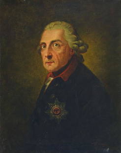 Copyist: Copyist after the antetype of Anton Graff (1736-1813), 2nd half of 19th century, portrait of Frederick the Great, oil / canvas,lower right inscribed and illegibly signed, approx. 67 x 52 cm, the origi