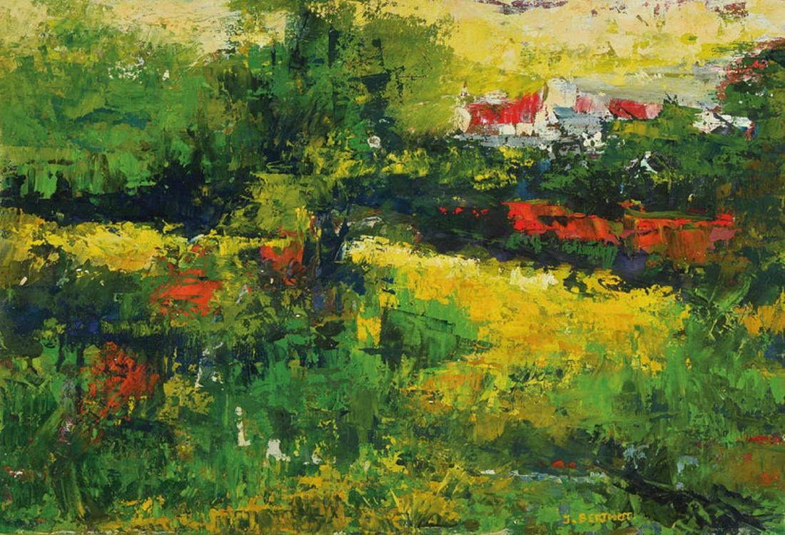 Jacques Berthot: Jacques Berthot, French painter around 1950- 60, Saint-Bonnet-en-Bresse, verso titled, oil / hard fiber, signed lower right, on the back artist's address in Chenove, approx. 40x59cm, frame