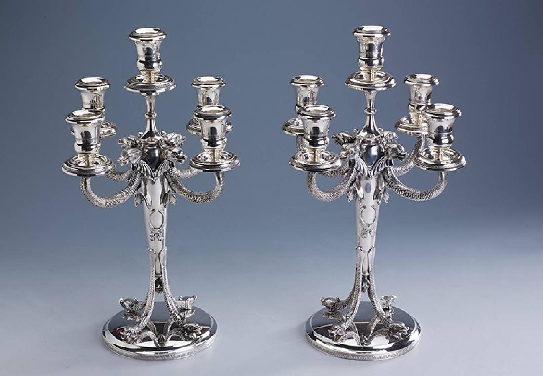 Pair of candelabras, silver 835: Pair of candelabras, silver 835 , each 5 lighting points, foot and branches in the formof fishes, laurel wreaths, acanthus leaf decor, heavy implementation, h. approx. 41 cm,total approx. 4140 g