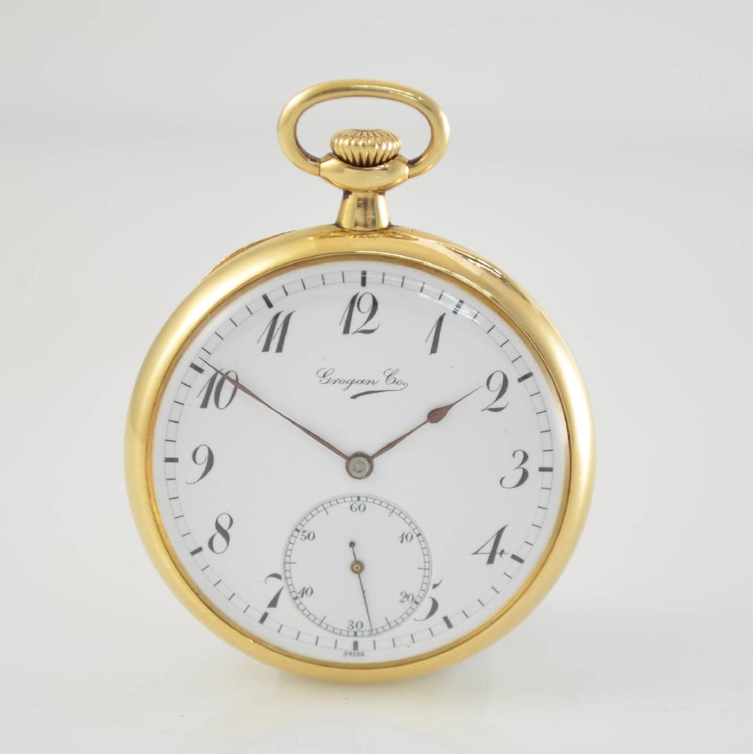 TOUCHON & Co. open face 18k yellow gold pocket watch: TOUCHON & Co. open face 18k yellow gold pocket watch made for Grogan Co., Switzerland around 1910, smooth, 2-cover gold case, two-piece construction enamel dial with Arabic hours, blued steel hands, f