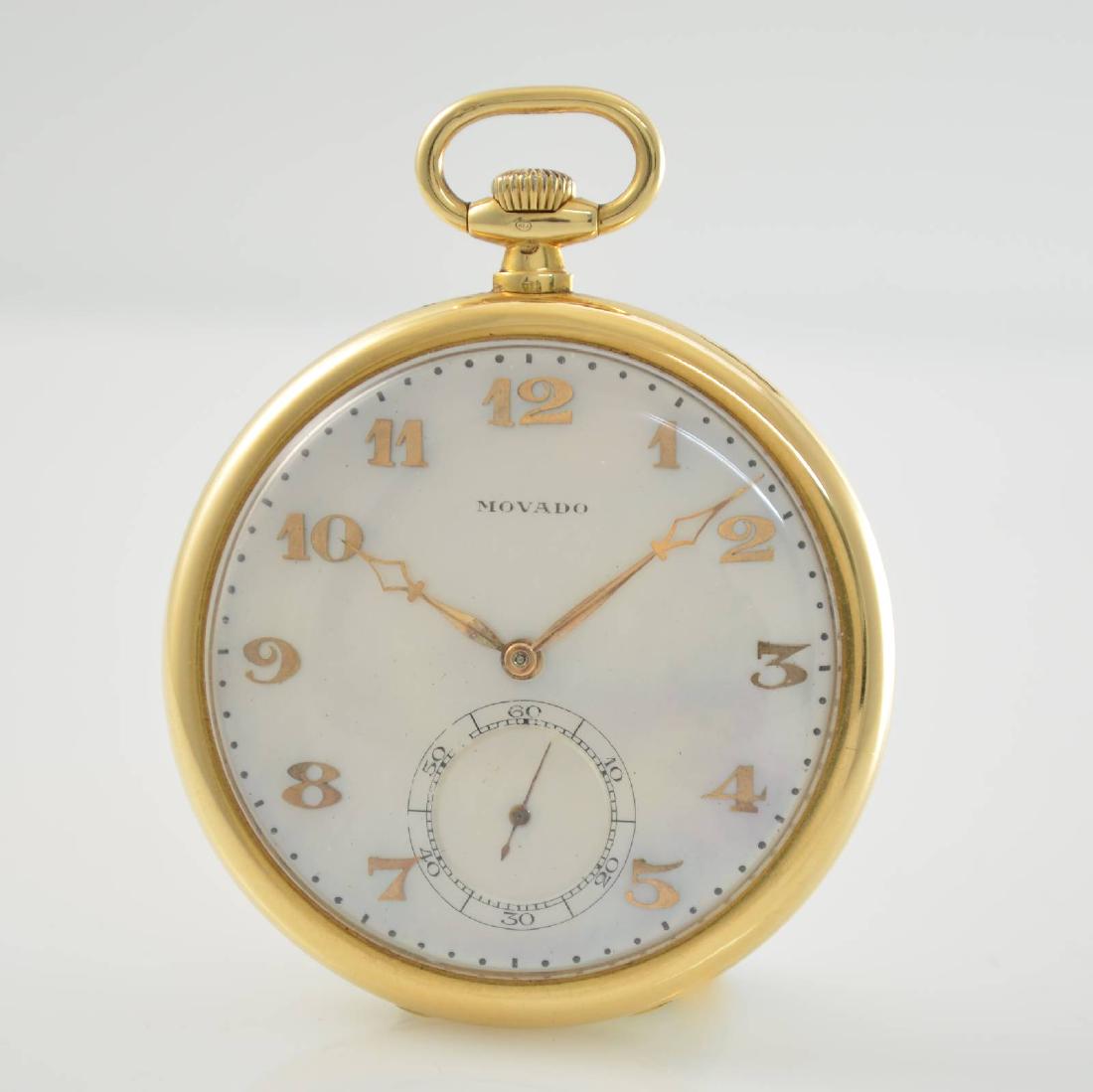 MOVADO 18k yellow gold open face pocket watch: MOVADO 18k yellow gold open face pocket watch, Switzerland around 1920, smooth case, case back with monogram NG engraved, mother of pearl dial, gilded cathedrale-hands, nickel plated lever movement, 1
