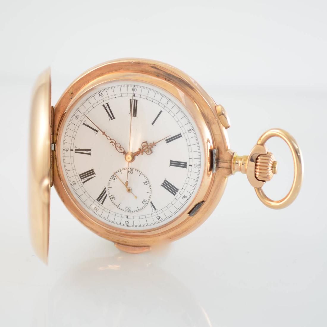 INVICTA big 14k pink gold hunting cased pocket watch: INVICTA big 14k pink gold hunting cased pocket watch with minute repetition & intermediate wheel chronograph, Switzerland around 1900, smooth 3-cover gold case with a-goutte closure slightly dent, cuv