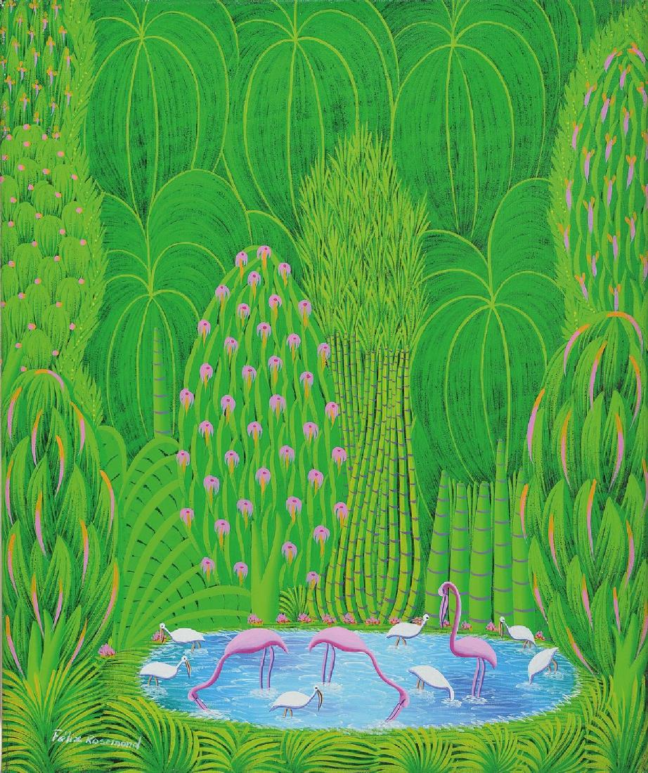 Felxi Rosemond, born 1962 Port au Prince, Haiti: Felxi Rosemond, born 1962 Port au Prince, Haiti, jungle scene with flamingos, oil/canvas, signed, approx 62x51.5cm