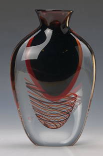 Artificial vase: Artificial vase of Michele Onesto, Murano, colorless blown glass with red and berry coloured inside partly spiraling, signed at the bottom Michele Onesto Murano, label Vetro Artistico Murano, H.