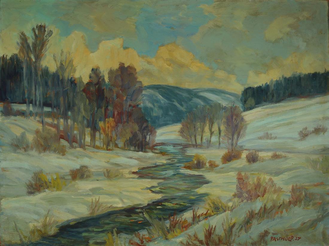 Hermann Heinrich Paschold: Hermann Heinrich Paschold, 1879 Ziegenrück - 1965 Gera, Thuringian painter, member of the Leipzig Secession, here: snowy low mountain landscape at the basin, oil / painting cardboard, signed lower ri