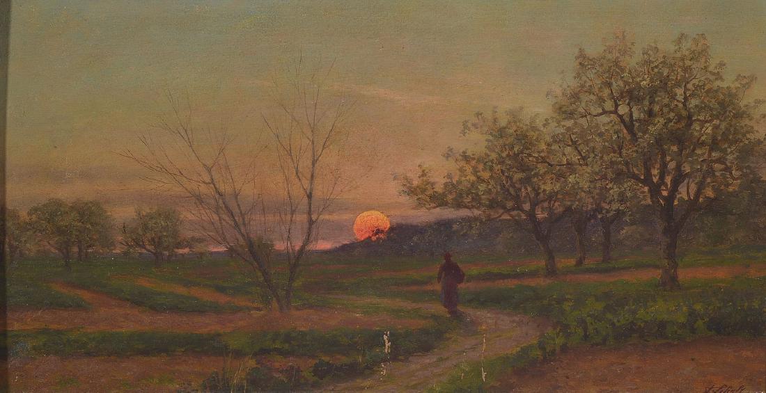 Adrien Schulz: Adrien Schulz, 1851 Joinville-le-Pont - 1931 Paris, Walker in afterglow, oil / wood, signedlower left, approx. 23 x 40 cm / 32 x 51 cm, frame, slight scratch marks
