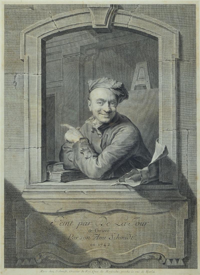 Georg Friedrich Schmidt: Georg Friedrich Schmidt, 1712-1775, half- figure in a window, according to a painting byMaurice Quentin de la Tour (1704-1788), whose friend he was, Engraving of 1742, ca. 46x33cm,under glass, frame,