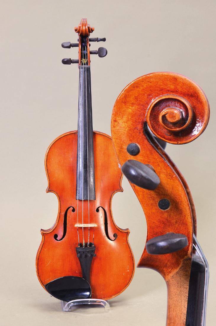 Violin, note: Francesco Lassi Faenza 1949, unseparated: Violin, note: Francesco Lassi Faenza 1949, unseparated spruce cover, separated maple base, centric scroll, L. approx. 59.5cm