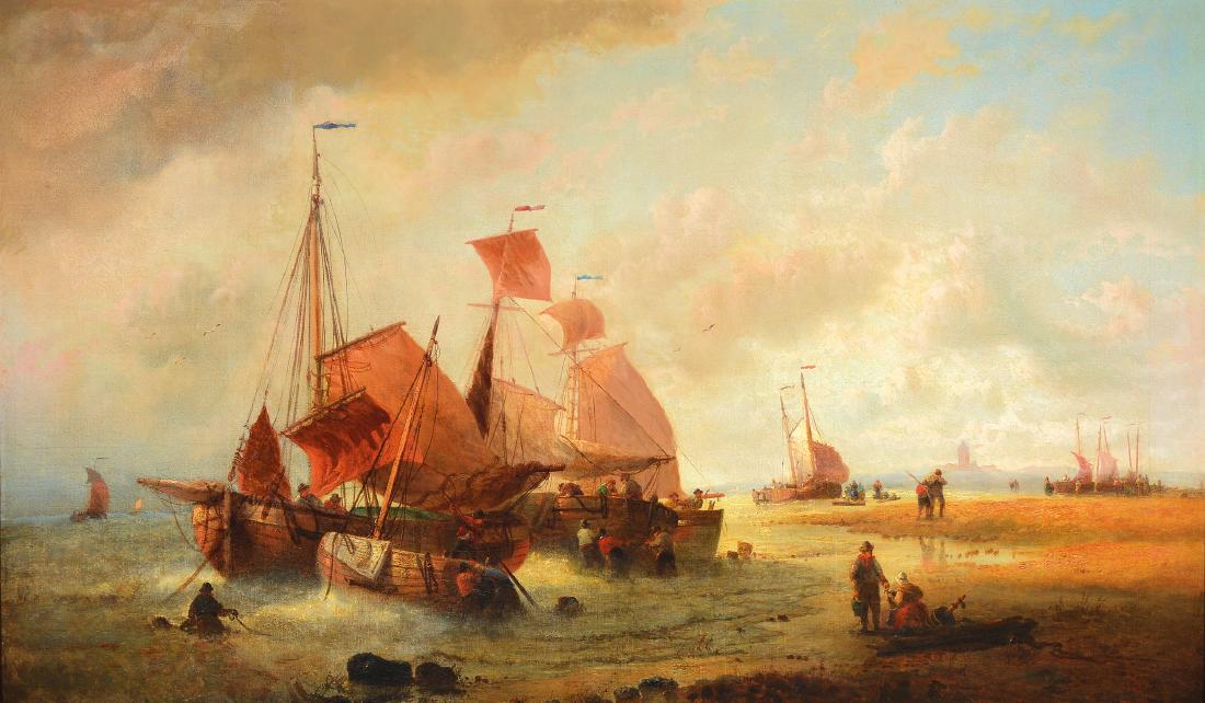 Auguste Henri Musin, 1852 Ostend-1923 St.-: Auguste Henri Musin, 1852 Ostend-1923 St.- Josse-ten-Noode, The homecoming of the fishingboats at the beach, oil / canvas, restored, relined, right below hard to read signed, approx. 77x127cm / 95x145