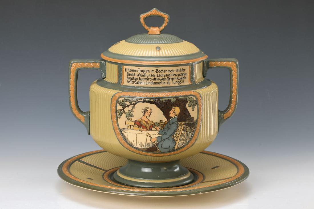punch bowl with saucer, Villeroy & Boch Mettlach: punch bowl with saucer, Villeroy & Boch Mettlach, around 1910, earthenware, painted and with aphorism, H. approx. 37cm