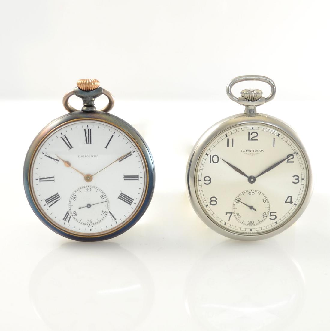 Set of 2 open face Longines pocket watches: Set of 2 open face Longines pocket watches, 1 x around 1940, metal case, snap on case back & cuvette, silvered dial with Arabic hours, 17 jewels, calibre 540 (37.93), diameter approx. 48 mm, 1 x aroun