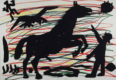A.R. Penck, born 1939 Dresden - 2017 Zürich, dancing: A.R. Penck, born 1939 Dresden - 2017 Zürich, dancing horse, offset graphic, signed, approx 58 x 83 cm, passe-partout., under glass, frame 77 x 101 cm