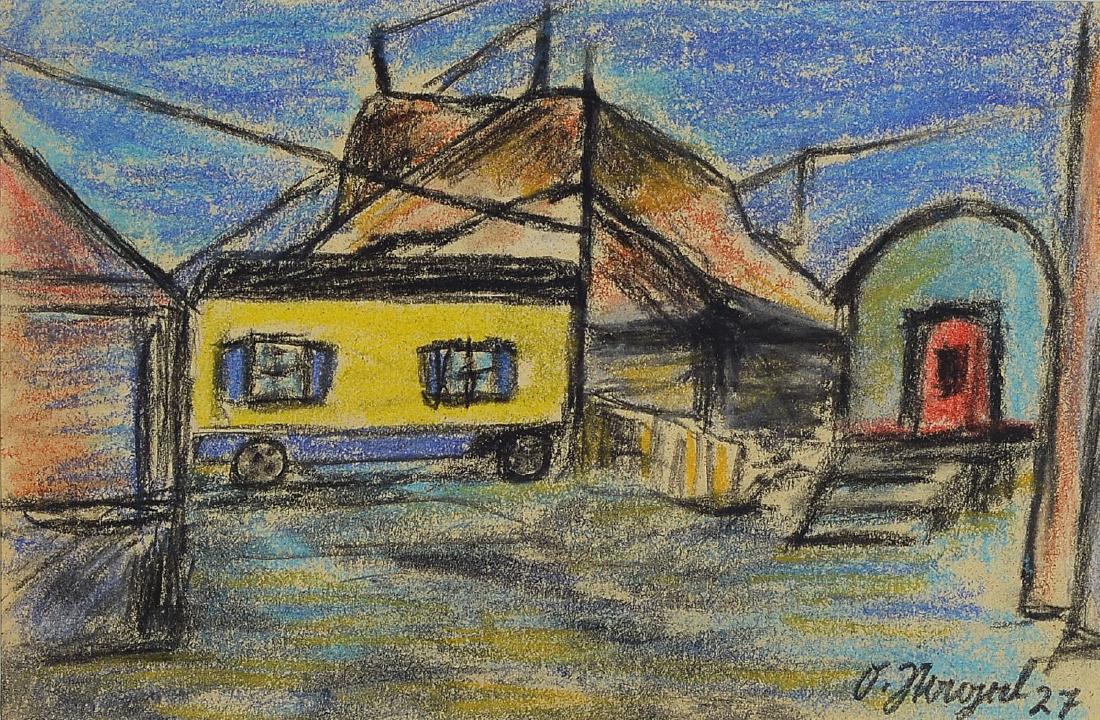 Otto nail, 1894-1967, Circus tent and cart , pastel and: Otto nail, 1894-1967, Circus tent and cart , pastel and crayon on paper, signed lower rightand dated 27, stamp on the back: artist atelier Otto nail Berlin, approx approx 14x21cm, PP, and under Glass,