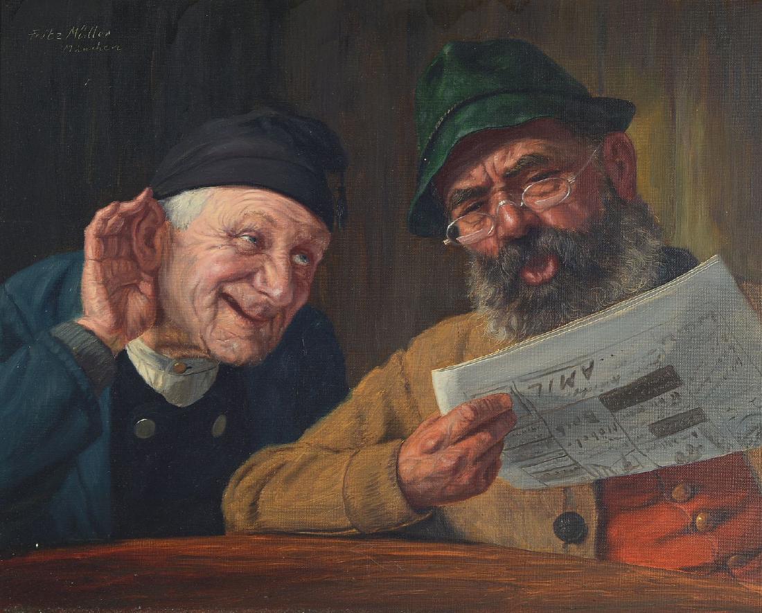 Fritz Müller, 1913-1972, two farmers reading the: Fritz Müller, 1913-1972, two farmers reading the newspaper, oil / canvas, upper left signedand inscribed: Munich, approx. 40x50cm / 53x63cm, frame, this damaged