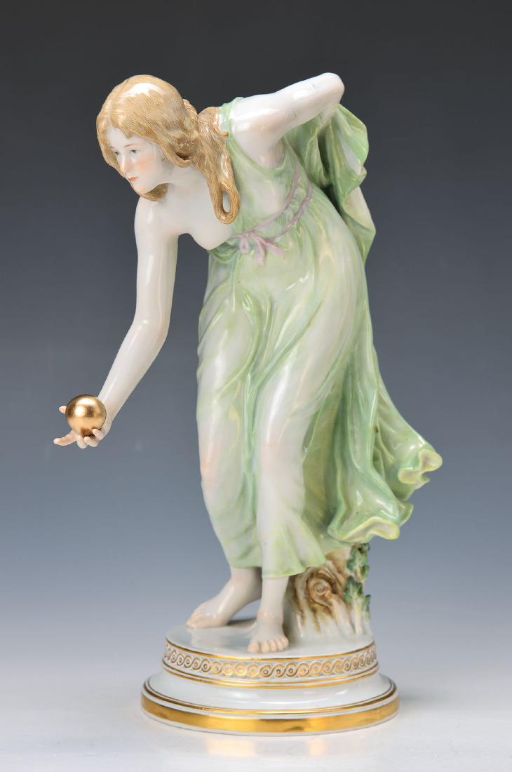 figurine 'The female ball player', Meissen, Pfeifer: figurine 'The female ball player', Meissen, Pfeifer time, around 1924-34, designed by Walter Schott, Model no. Q 180, quality full polychrome painting, round stepped pedestal with gold decoration, H.a