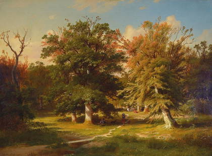 Gustav Lange, 1811 Mühlheim - 1887 Düsseldorf,German: Gustav Lange, 1811 Mühlheim - 1887 Düsseldorf,German landscape painter of the Dusseldorf School, pupil of Johann Wilhelm Schirmer, here: forest entrance, forest clearing with walkers and shepherds a