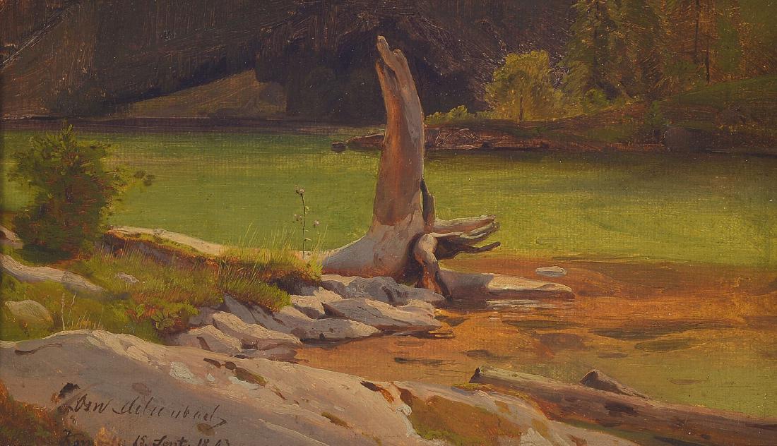 Oswald Achenbach, 1827-1905 Dusseldorf, study at the: Oswald Achenbach, 1827-1905 Dusseldorf, study at the academy Duesseldorf and with his brother Andreas, here: tree study, oil / canvas /wood, signed lower left and dated 15. Sept.1843, Literature compa