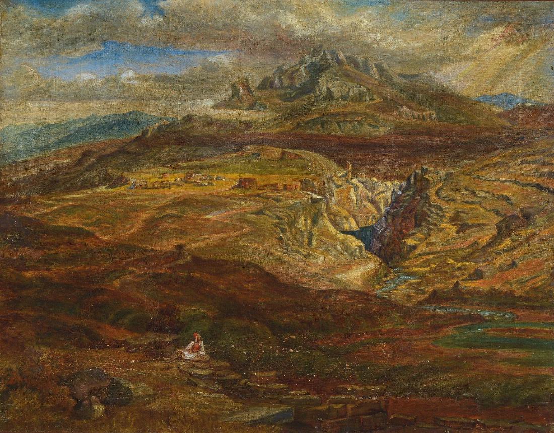 Unidentified artist, german, 2nd half of 19th century: Unidentified artist, german, 2nd half of 19th century, copy after Carl Rottmann, landscape of the greek cycle, oil/canvas, restored, ca .62x79cm/75x92cm, frame