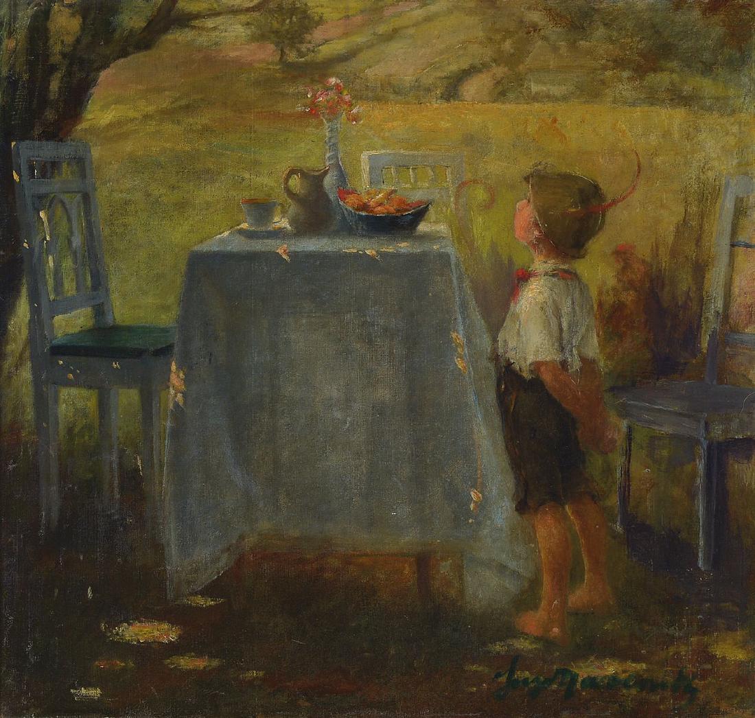 Hugo Havenith, 1853 London - after 1900, boy standing: Hugo Havenith, 1853 London - after 1900, boy standing in front of the set table in the garden, oil / canvas, signed lower right, craquelure, c. 55x59cm / 73x77cm, R.