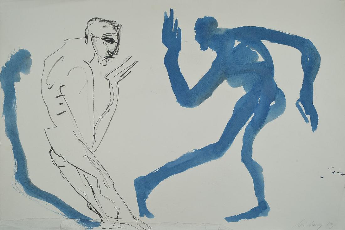Helge Leiberg, 1954 Dresden, based in Berlin, in pairs: Helge Leiberg, 1954 Dresden, based in Berlin, in pairs from the series shadow dance, watercolor and ink on handmade paper, this damaged in the lower area, was so used by the artist, signed and dated 8