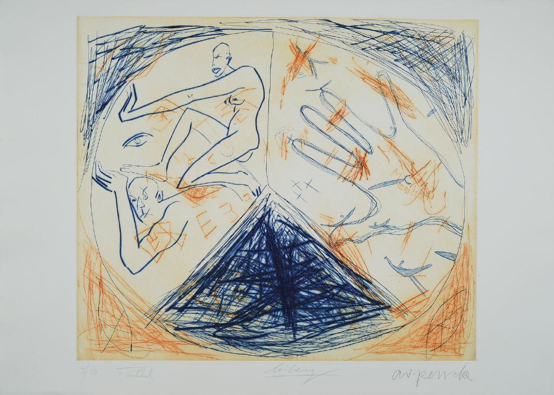 A.R. Penck, 1939 Dresden - 2017 Zurich, 'Member', in: A.R. Penck, 1939 Dresden - 2017 Zurich, 'Member', in collaboration with Helge Leiberg,Frank Breidenbruch, etching, signed by hand, all handsigned and num. 3/30, about 50 x 69. 5cm