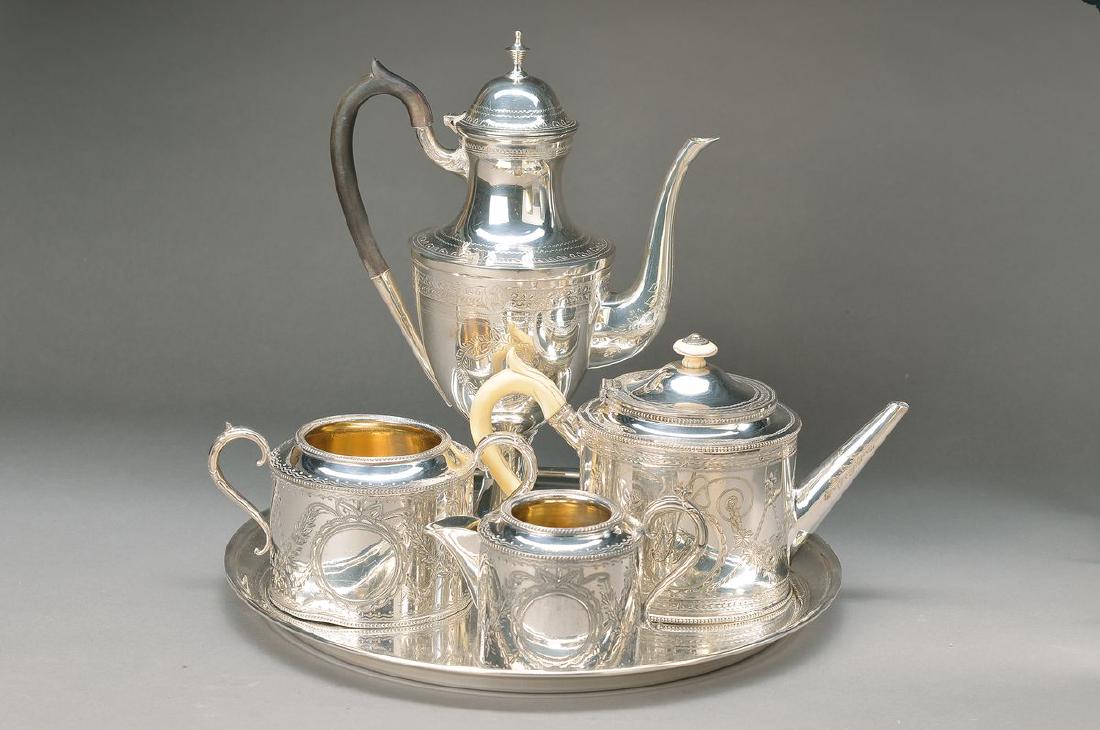 coffee and tea set, England, around, 1900, parts with: coffee and tea set, England, around, 1900, parts with slightly different neo-classical decors, engraved motifs, tray smooth, silver plated metal, coffee pot H.: approx. 30 cm, minor traces of age