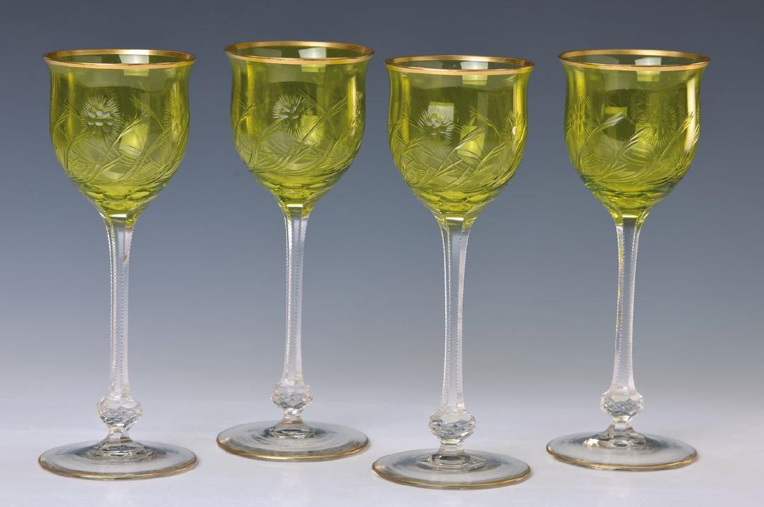 set of 6 Art Nouveau-glasses, Rheinische Glashütte: set of 6 Art Nouveau-glasses, Rheinische Glashütte, around 1900, earlier Art Nouveau, 6- fold faceted, cuppa with green external layer, wall with encircling cornflower decor, gold rim, cuppa slightly