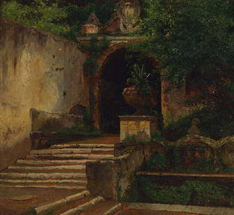 Oswald Achenbach, 1827 Düsseldorf - 1905, 'Villa: Oswald Achenbach, 1827 Düsseldorf - 1905, 'Villa D'Este in Tivoli', oil/paper/cardboard,lower right inscribed and dated, unsigned, on the back with old exhibition label and description, collection Sp