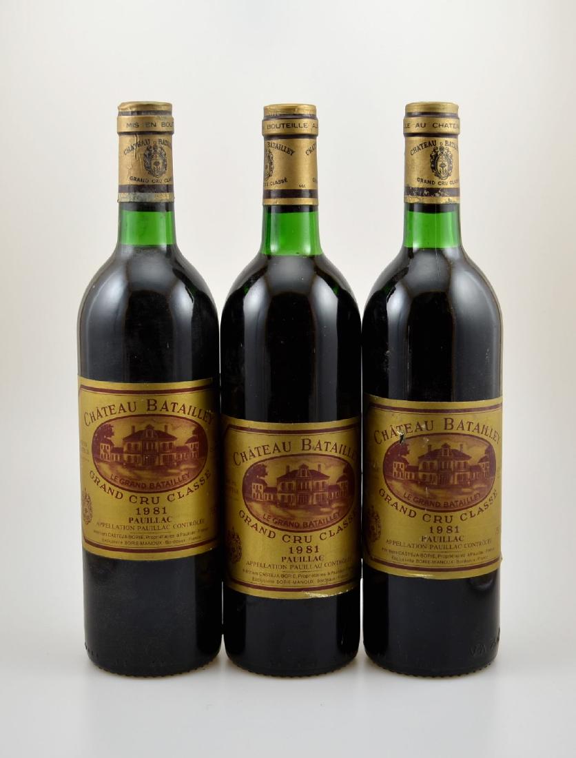 9 bottles of 1981 Chateau Batailley, Pauillac,Grand Cru: 9 bottles of 1981 Chateau Batailley, Pauillac,Grand Cru Classe, each approx 75 cl, filling levels: upper mid shoulder to top shoulder, labels and capsules partly damaged and soiled, not tasted, Proven
