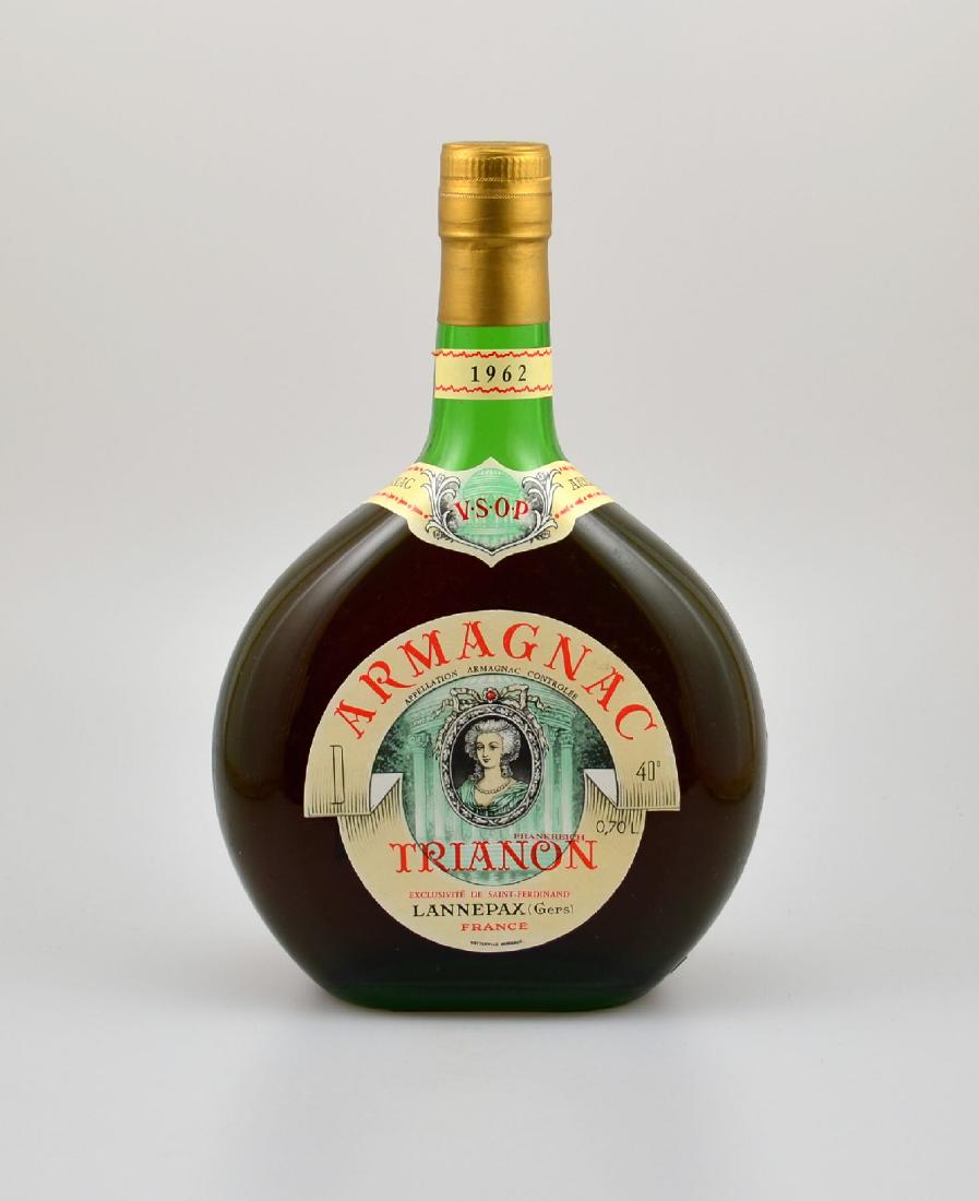 3 bottles of 1962 Armagnac, Trianon, Lannepax, each: 3 bottles of 1962 Armagnac, Trianon, Lannepax, each approx 70 cl, 40 % Vol., distance between capsule and Armagnac: approx 4,5 cm, good condition of the bottles, not tasted