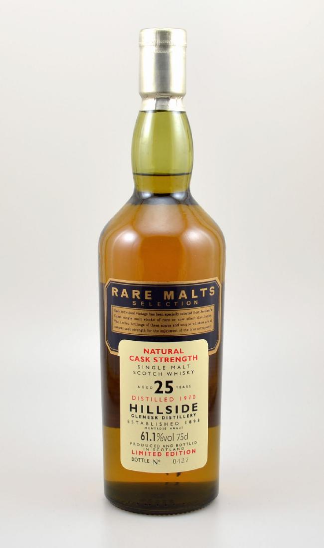 1 bottle 1970 Single Malt Scotch Whisky, Rare Malts: 1 bottle 1970 Single Malt Scotch Whisky, Rare Malts Selection, approx 75 cl, 61,1 % Vol., distilled at Hillside Glenesk Distillery, 25 Years Old, bottled in 1995, Limited Edition, bottle number: 427, 