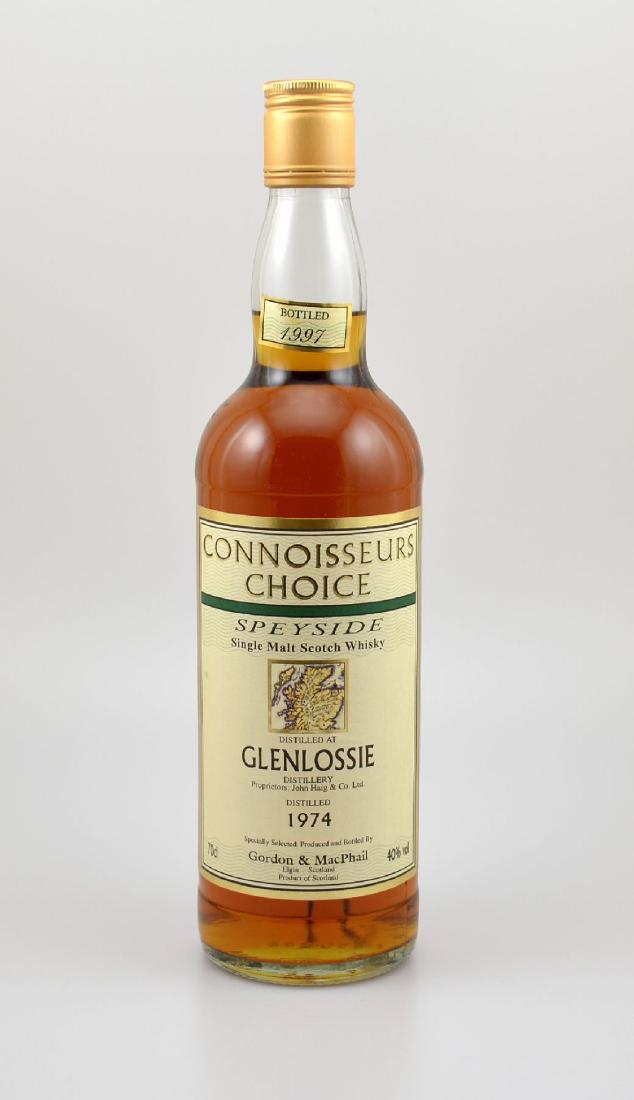 1 bottle 1974 Connoisseurs Choice Speyside Single Malt: 1 bottle 1974 Connoisseurs Choice Speyside Single Malt Scotch Whisky, distilled at Glenlossie Distillery, approx 70 cl, 40 % Vol., Produced and Bottled by Gordon & MacPhail, 23 Years Old, bottled in 1