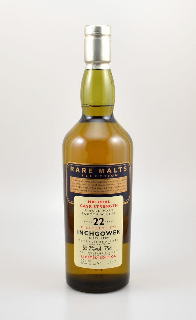 1 bottle 1974 Single Malt Scotch Whisky, Rare Malts: 1 bottle 1974 Single Malt Scotch Whisky, Rare Malts Selection, approx 75 cl, 55,7 % Vol., distilled at Inchgower distillery, 22 Years Old, bottled in 1996, Limited Edition, bottle number: 17, very goo