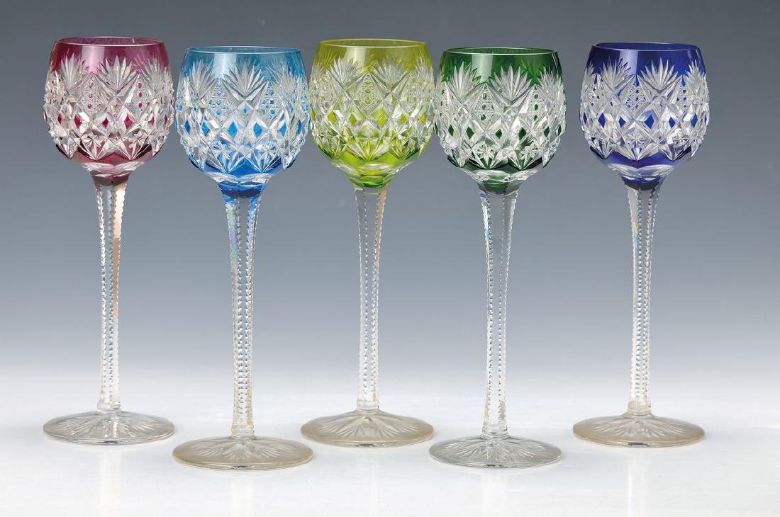 6 wine glasses, St. Louis, to the 225 anniversary: 6 wine glasses, St. Louis, to the 225 anniversary, colourless crystal glass with different colorful overlay, opulent cut and polished, signed, H. each approx. 24cm