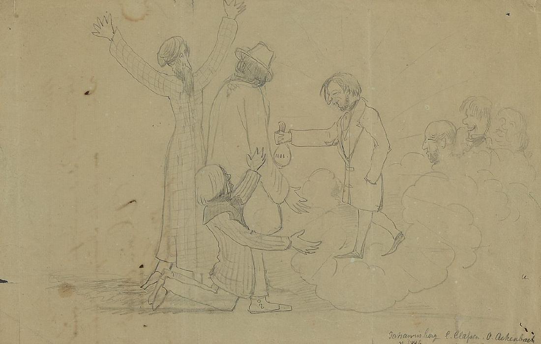 Oswald Achenbach, 1827 Dusseldorf - 1905, wellknown: Oswald Achenbach, 1827 Dusseldorf - 1905, wellknown Dusseldorfer painter, here pencil sketch, 'heavenly present', Lord comes over clouds and brings a purse, signed lower right and dated and inscribed