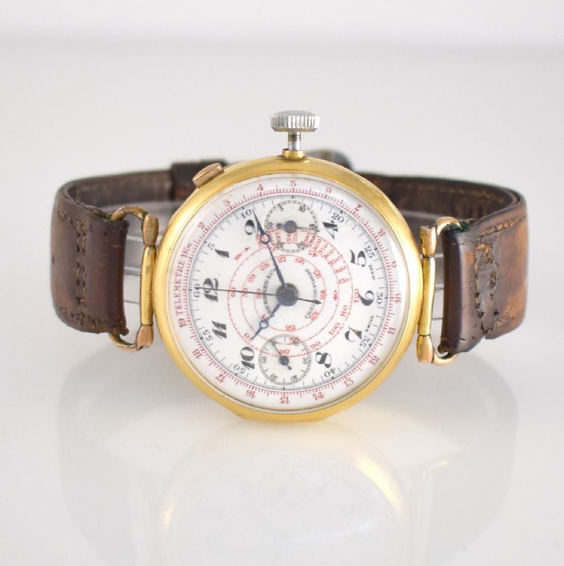 EBERHARD & Co early 18k yellow gold chronograph: EBERHARD & Co early 18k yellow gold chronograph, Switzerland around 1925, manual winding, large hinge case dent, mobile lugs, chrono-pusher at 2, enamel dial with red tachy- & telemeterscale slightly 