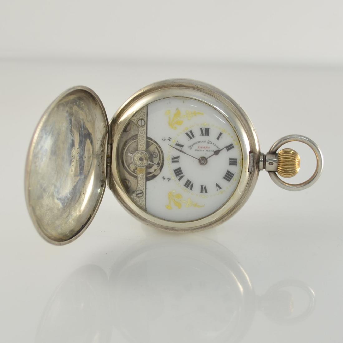 HEBDOMAS Patent hunting cased silver pocket watch: HEBDOMAS Patent hunting cased pocket watch in silver with 8-days-movement, Switzerland around 1920, on both sides guilloche silver case dent, enamel dial with Roman numerals, blued spade-hands, open b