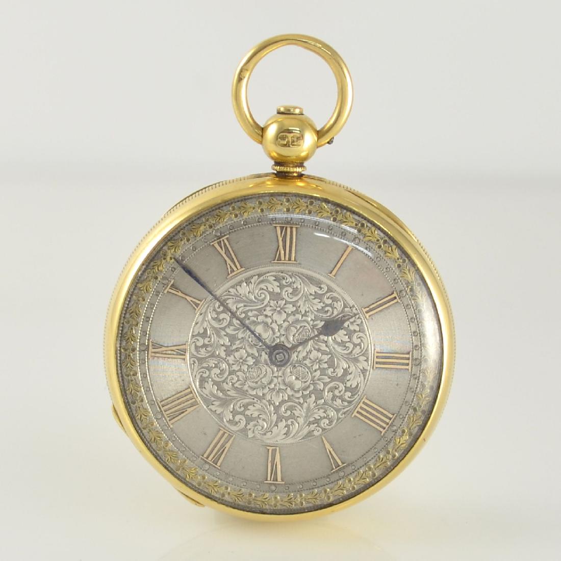 FRENCH London open face 18k yellow gold pocket watch: FRENCH London open face 18k yellow gold pocket watch with 1/4-hour-self-strike & repetition, England according to hallmark London 1846, key winding, heavy full engraved case with corded edge, repetiti
