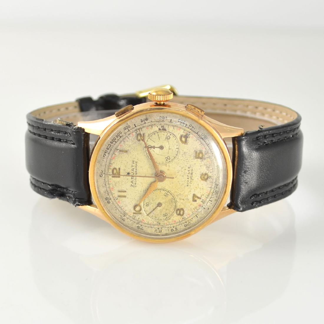 ZARVATH 18k pink gold chronograph: ZARVATH 18k pink gold chronograph, Switzerland around 1945, manual winding, 3-piece construction case, snap on case back & bezel, silvered dial spotty/patina, gilded Arabic numerals, gilded hands, pin