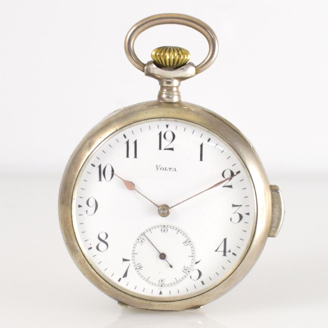 VOLTA open face silver pocket watch repeater: VOLTA open face pocket watch in silver with 1/4-hour-repetition, Switzerland around 1905, rear site guilloche, enamel dial with Arabic numerals, gilded spade-hands, gold-plated lever movement with scr