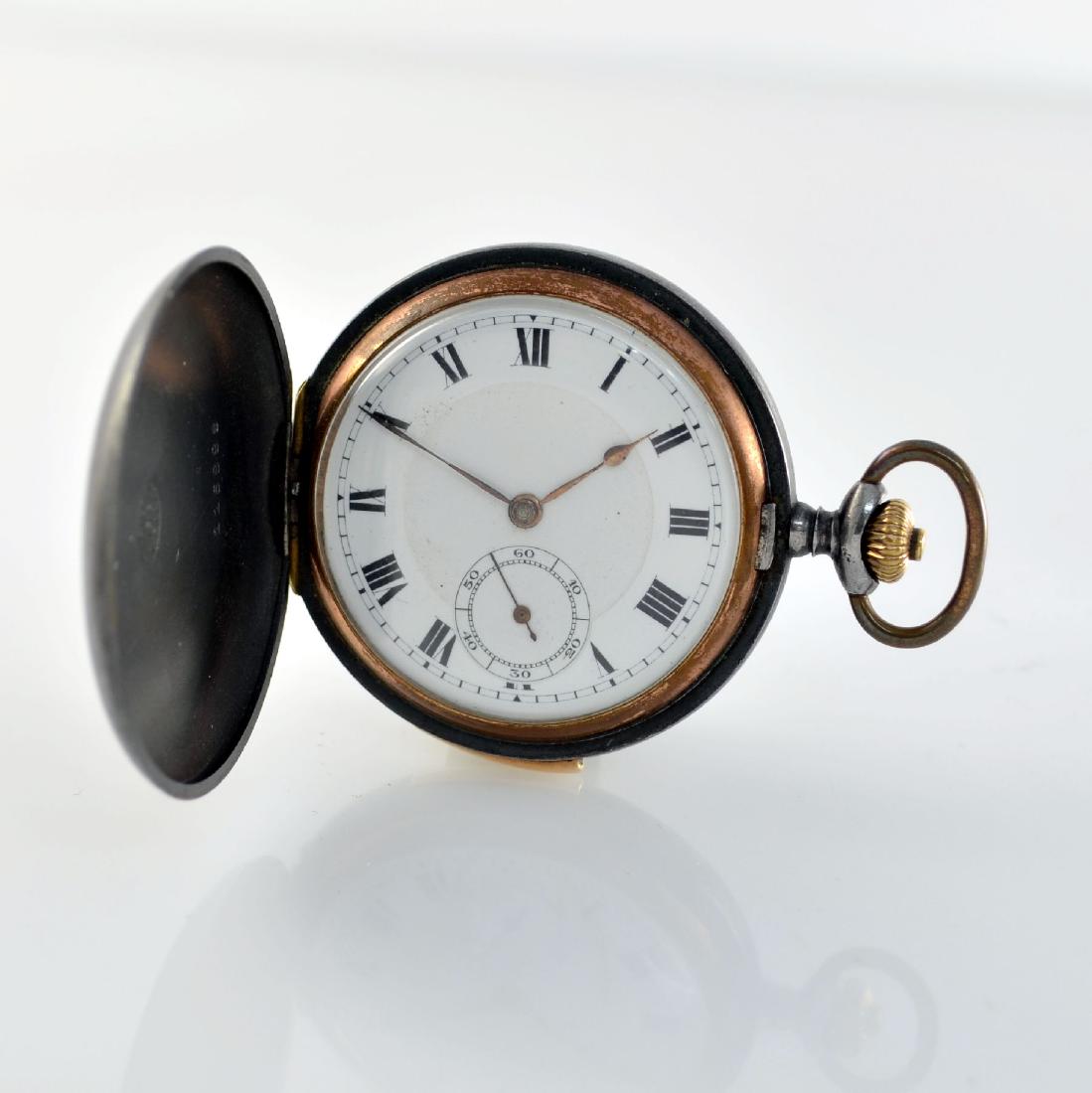 Hunting cased pocket watch with 1/4-hour-repetition: Hunting cased pocket watch with 1/4-hour- repetition, Switzerland around 1910, gun metal case, enamel dial with Roman numerals, gilded spade hands, silvered bar movement with screw-balance & Breguet b