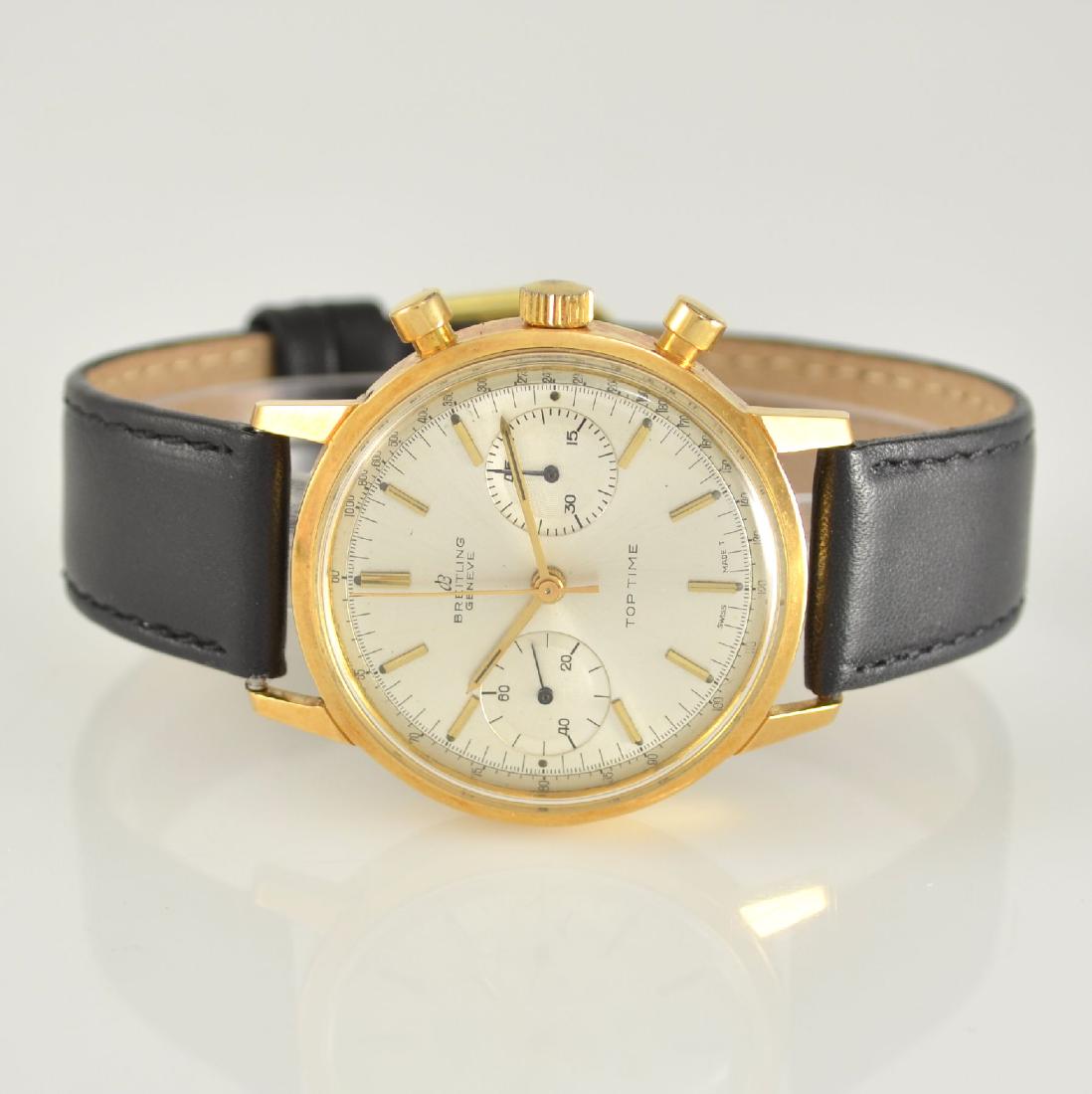BREITLING 18k yellow gold Top Time chronograph: BREITLING 18k yellow gold Top Time chronograph, Switzerland around 1966, manual winding, monocoque-case reference 2004, silvered dial slightly spotty, raised gilded indices, gilded hands, nickel plate